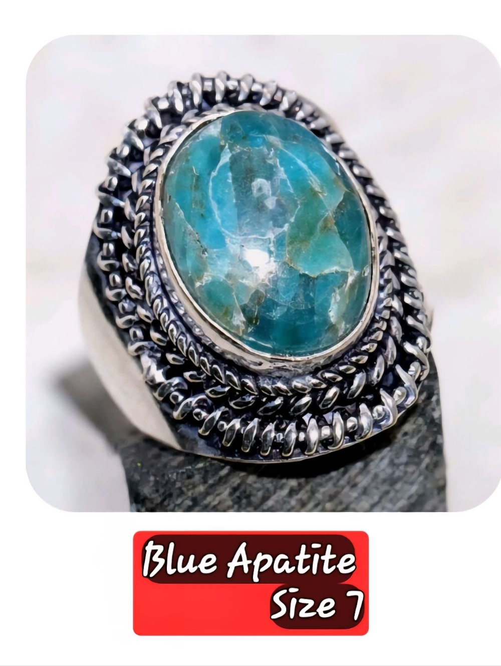 Gorgeous, Boho-Shaped, Oval-Shaped Blue Apatite Statement Ring - Size 7